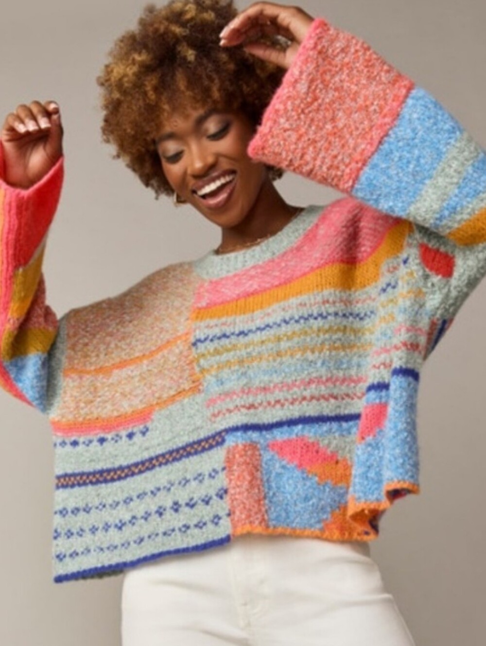 Boutique mi ami Multi-Color Patchwork Knit Wool Blend Oversized Pullover
